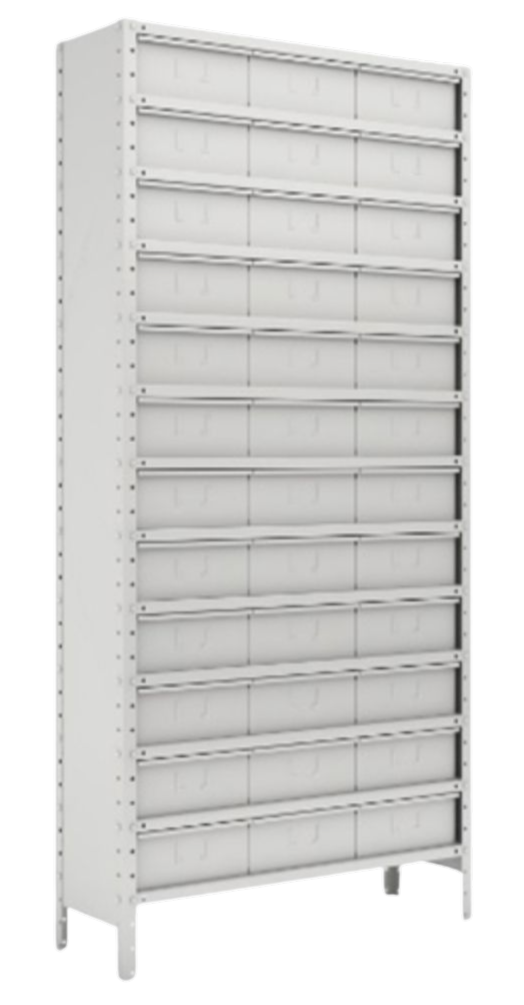 Estante Gaveteiro cinza 36 gavetas padrão 30cm Altura 198cm