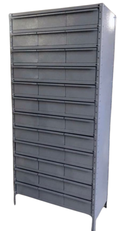 Estante Gaveteiro cinza 36 gavetas padrão 30cm Altura 198cm
