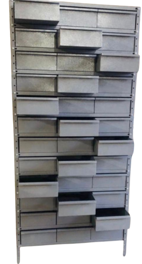Estante Gaveteiro cinza 36 gavetas padrão 30cm Altura 198cm